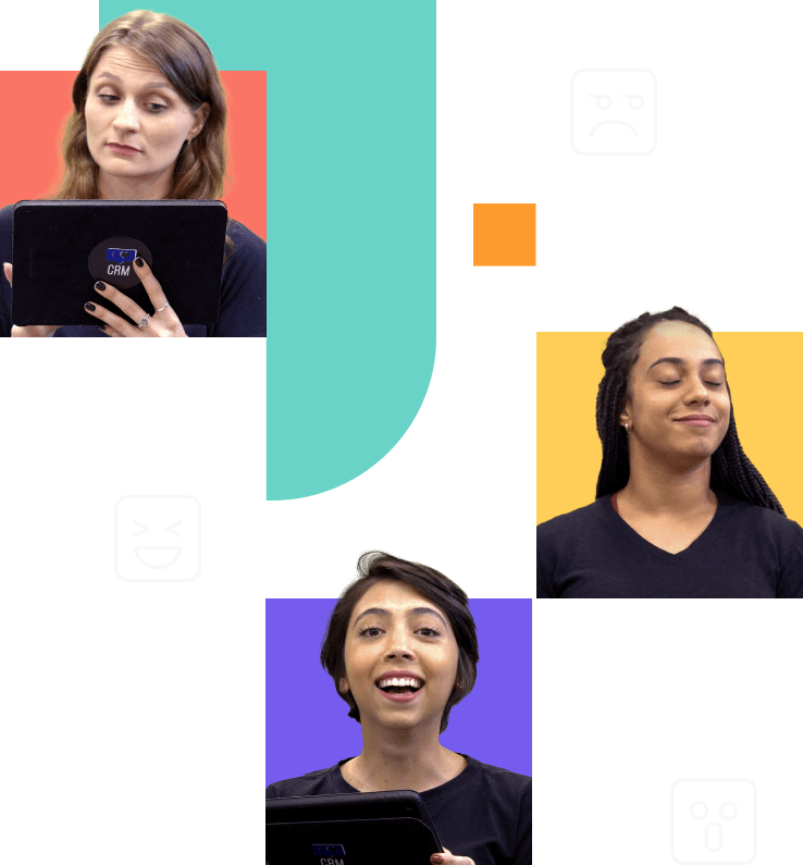 dia do cliente, 3 pessoas com emoções diferentes, sorrindo, séria e rindo