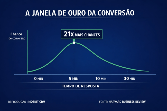infografico de pesquisa que revela que as chances de conversão são 21 vezes maiores quando a resposta acontece nos primeiros 5 minutos de conversa, a fonte listada é Harvard Business review e o gráfico foi feito pelo Moskit CRM