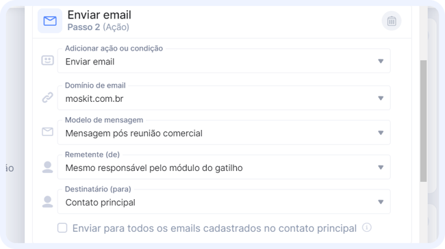 exemplo de como configurar um email para disparar automaticamente dentro de um fluxo de cadência de contato 