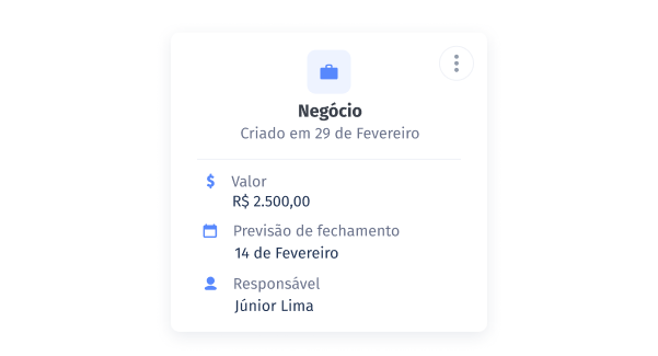 tela de negócio dentro de um crm com o valor, previsão de fechamento e responsável