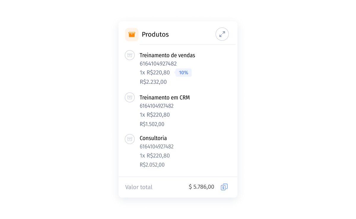 lista de produtos do modulo de produtos acessando diretamente da tela de negócios