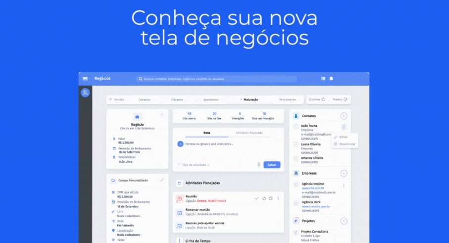 Nova tela de negócios Moskit CRM