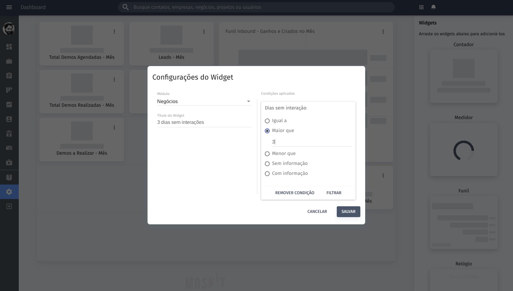 como configurar widget dentro do CRM